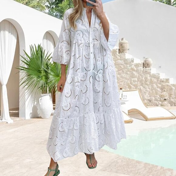 Women's Lace Maxi Dress Cotton Eyelet V Neck Tiered Swing Hem Casual Wear - Picture 3 of 5